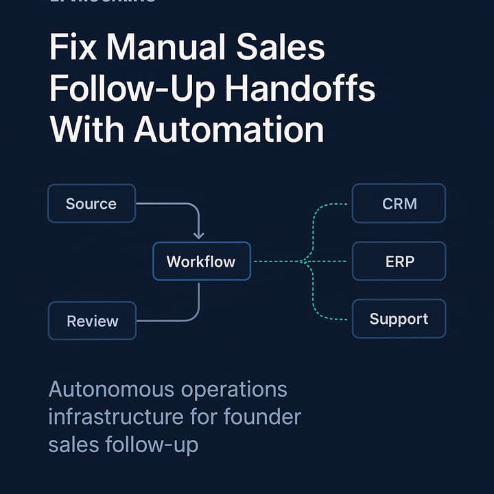 Founder reviewing an autonomous operations dashboard for sales follow-up showing TTR, exception volume, and cohort experiment results