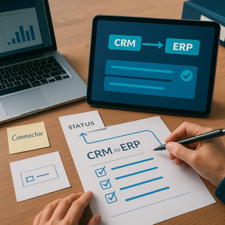 Diagram: Meshline autonomous operations infrastructure syncing CRM leads to ERP invoices with validation and exception routing