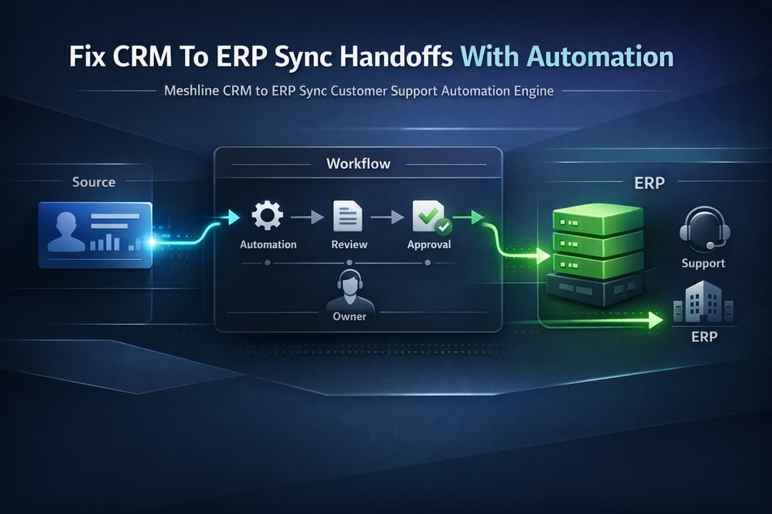 Meshline operations console showing CRM to ERP sync status, canonical event state, assigned owners, and SLA dashboard
