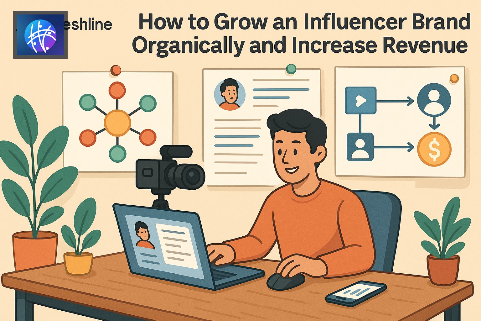 How to Grow an Influencer Brand Organically and Increase Revenue generated creator revenue hero image with Meshline logo