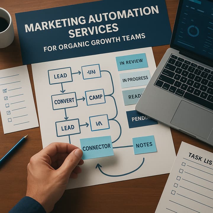 Marketing operations team reviewing a marketing automation services integration map between CMS, SEO tools, analytics, and CRM