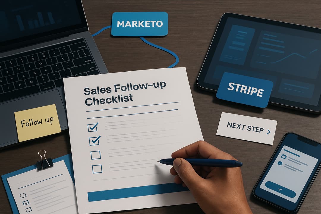 Orchestration flow diagram showing Website form → Marketo nurture and Stripe payment webhooks feeding a central event bus and orchestration engine that resolves ordering and sends actions to Salesforce.