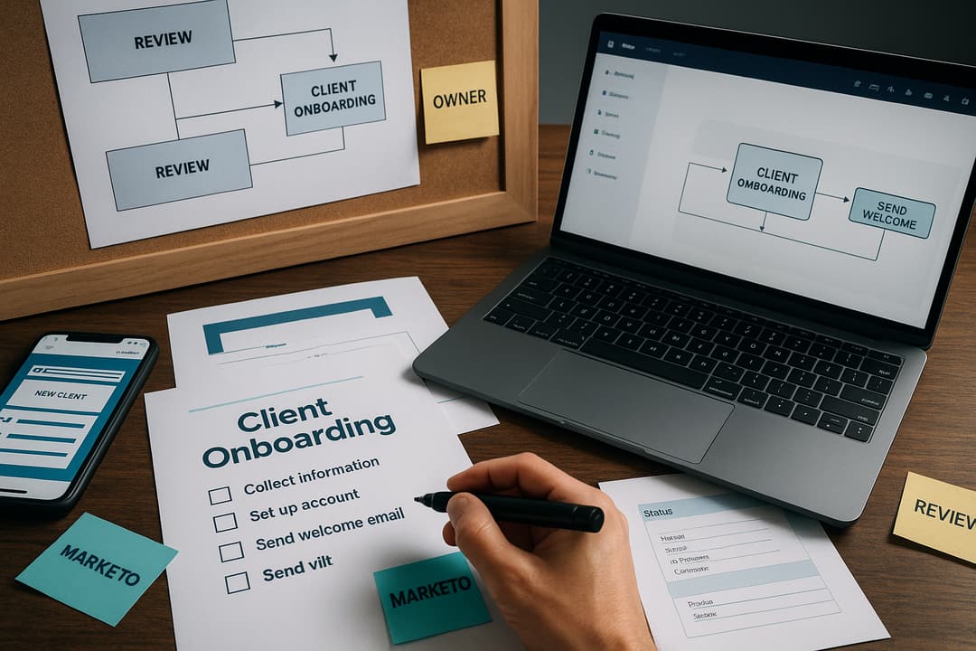 Orchestration diagram showing CRM -> Marketo -> Meshline orchestration -> Zendesk flow for client onboarding with reconciliation and SLA dashboard