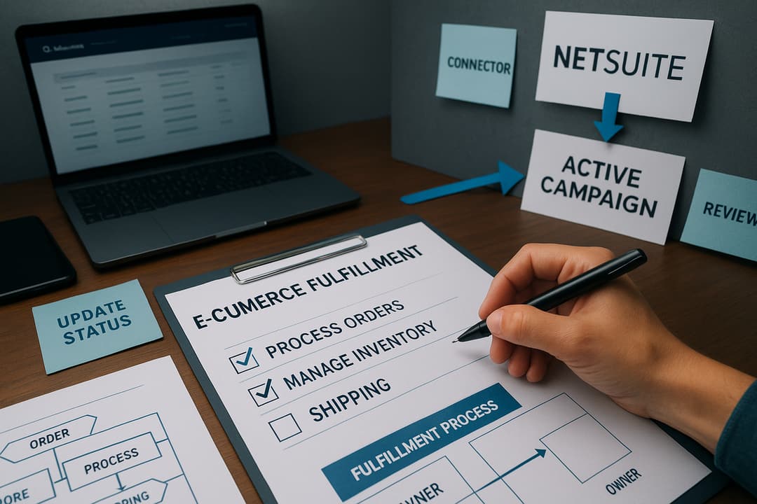Order orchestration diagram showing Shopify -> iPaaS/orchestrator -> NetSuite (OMS) -> 3PL -> ActiveCampaign, with reconciliation loops and wait-for-commit guard (netsuite activecampaign comparison).