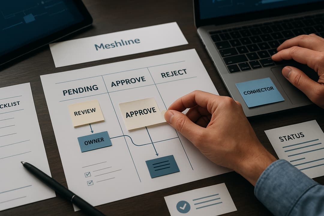 Diagram: Mailchimp → Orchestrator → NetSuite showing campaign_id, SLA timer, artifact URLs, and approval_status handoffs with marketing hold flag.
