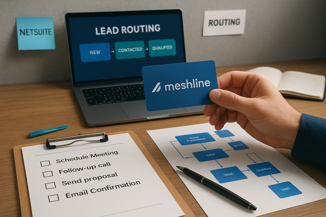 Diagram showing lead routing orchestration between NetSuite and Slack with middleware enforcing atomic assignment, acknowledgement, and SLA escalation.
