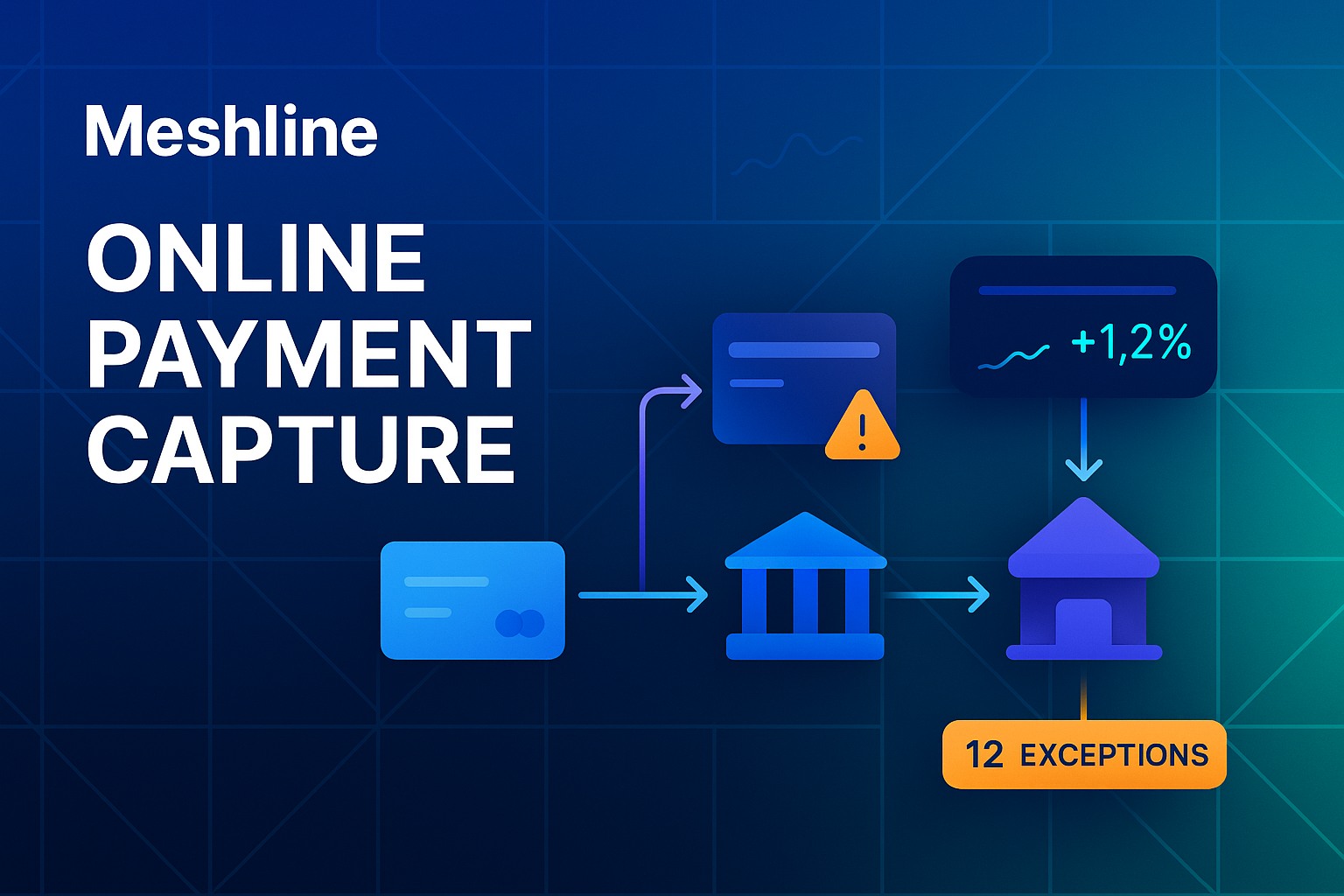 Dashboard visualization of online payment capture workflow with exception routing and review queue in Meshline branding