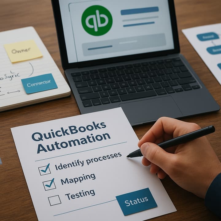 Diagram: CRM -> Meshline orchestration -> QuickBooks API with event queues, retries, dead-letter queue, human-in-the-loop, and bank/payment connections.