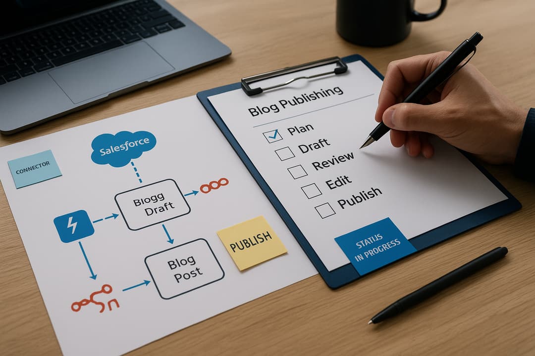 Orchestration diagram: Salesforce canonical -> n8n queues & transforms -> WordPress + Mailchimp -> Search Console; arrows for writeback to Salesforce and sitemap ping