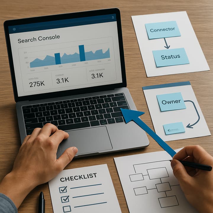 Marketing ops dashboard showing Search Console automation for SEO workflows and revenue attribution
