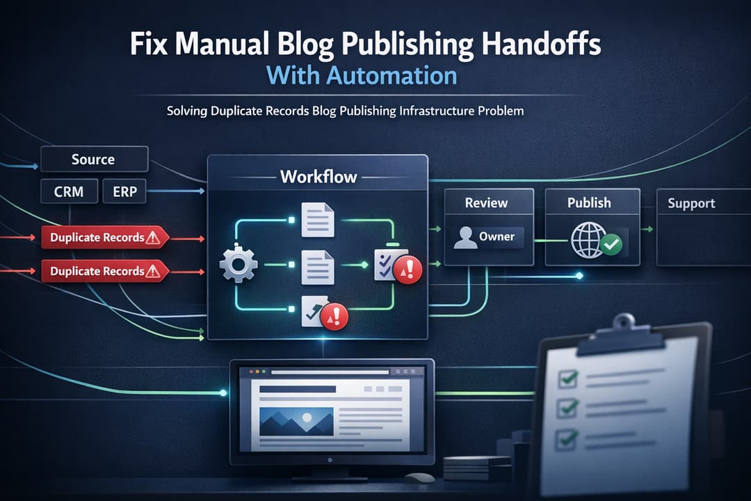 Diagram showing a publishing stack with CMS, marketing automation, CRM, analytics, and an orchestration engine preventing duplicate