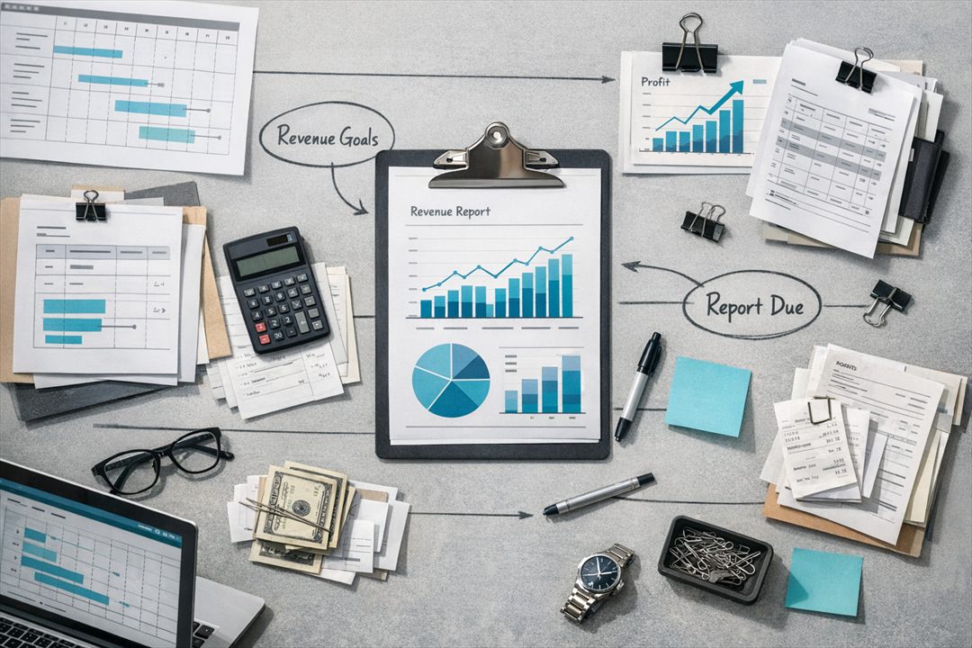 Diagrama del modelo operativo para informes de ingresos que muestra disparador, propietario, validaciones y libro contable auditable