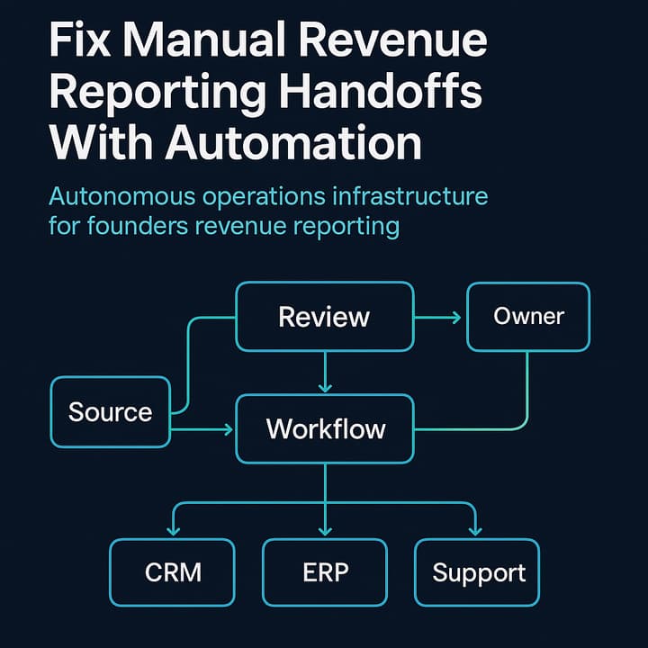 Founder reviewing an autonomous operations infrastructure dashboard for revenue reporting with exception inbox and recognition rules