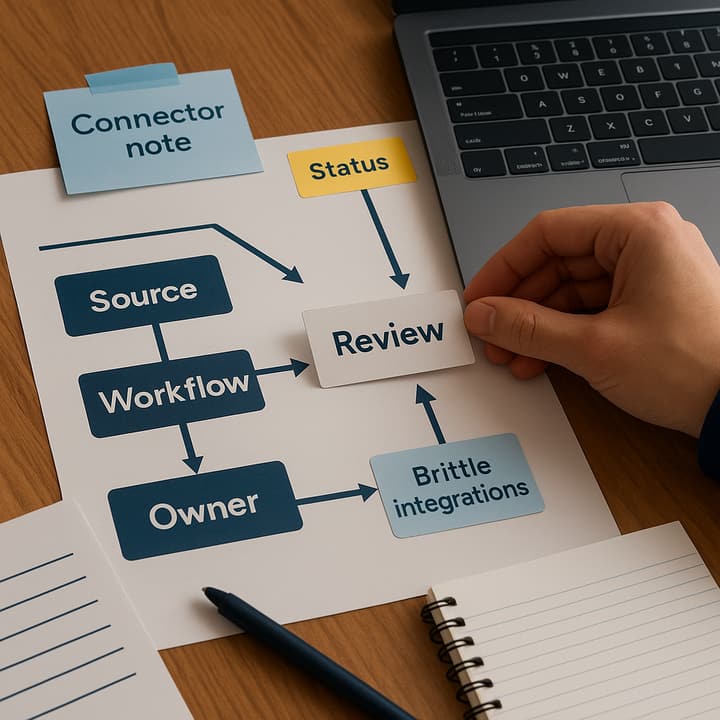 Diagram showing flow from Source Layer (CRM, CDP, Forms) → Transport (Connectors/Queues) → Transformation (Enrichment/Mapping) → Triage Engine (Routing, Owners, DLQ) illustrating deterministic routing and replay.