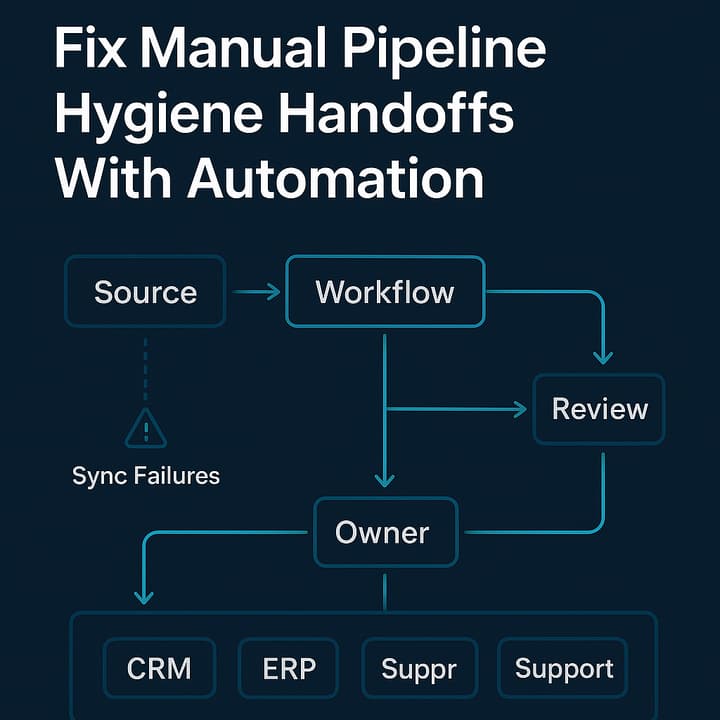 Diagram: Revenue ops pipeline with sync failure shown as a broken link between systems, representing coordination debt turning into