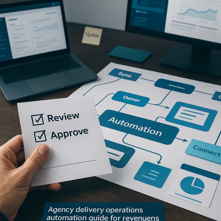 Engine workflow diagram: brief intake → worker agents → human QA gate → publish & report. Visualizes AOI replacing manual coordination and resolving the fragmented stack problem.