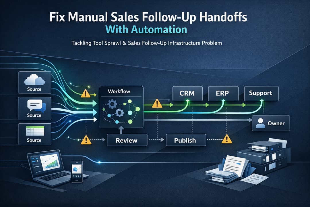 Diagram of fragmented applications feeding into a central translation layer and action engine that dispatches timely follow-ups to