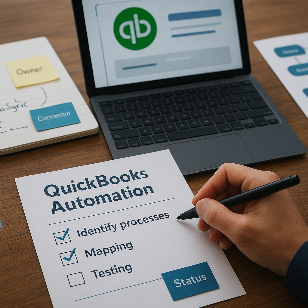 Diagram: CRM -> Meshline orchestration -> QuickBooks API with event queues, retries, dead-letter queue, human-in-the-loop, and bank/payment connections.