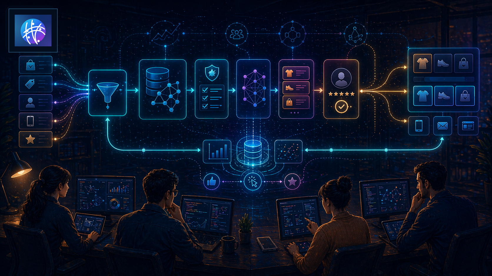 Recommendation Engine Architecture for Lean Commerce Teams premium recommendation engine hero image with Meshline logo