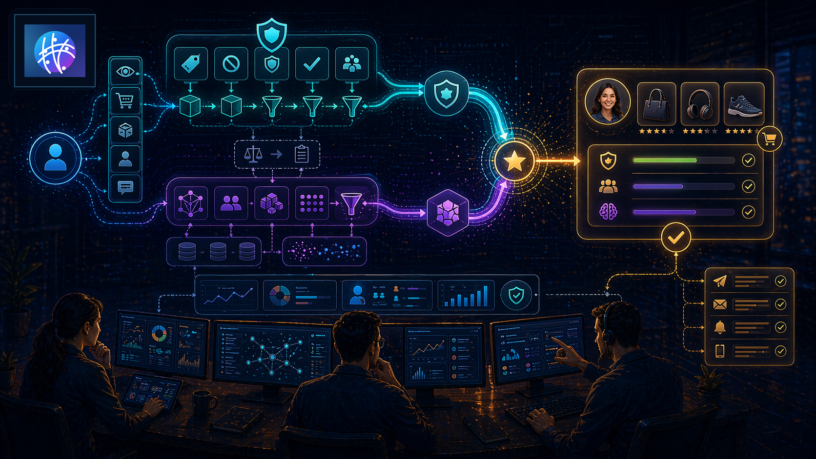 Recommendation Engine Rules vs Machine Learning: How Operators Should Decide premium recommendation engine hero image with Meshline logo