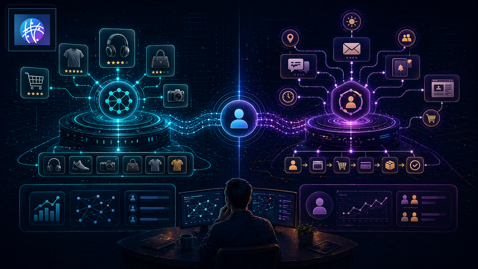 Recommendation Engine vs Personalization Engine: What Is the Difference? premium recommendation engine hero image with Meshline logo