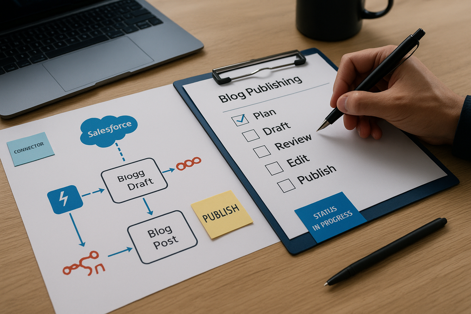 Orchestration diagram: Salesforce canonical -> n8n queues & transforms -> WordPress + Mailchimp -> Search Console; arrows for writeback to Salesforce and sitemap ping
