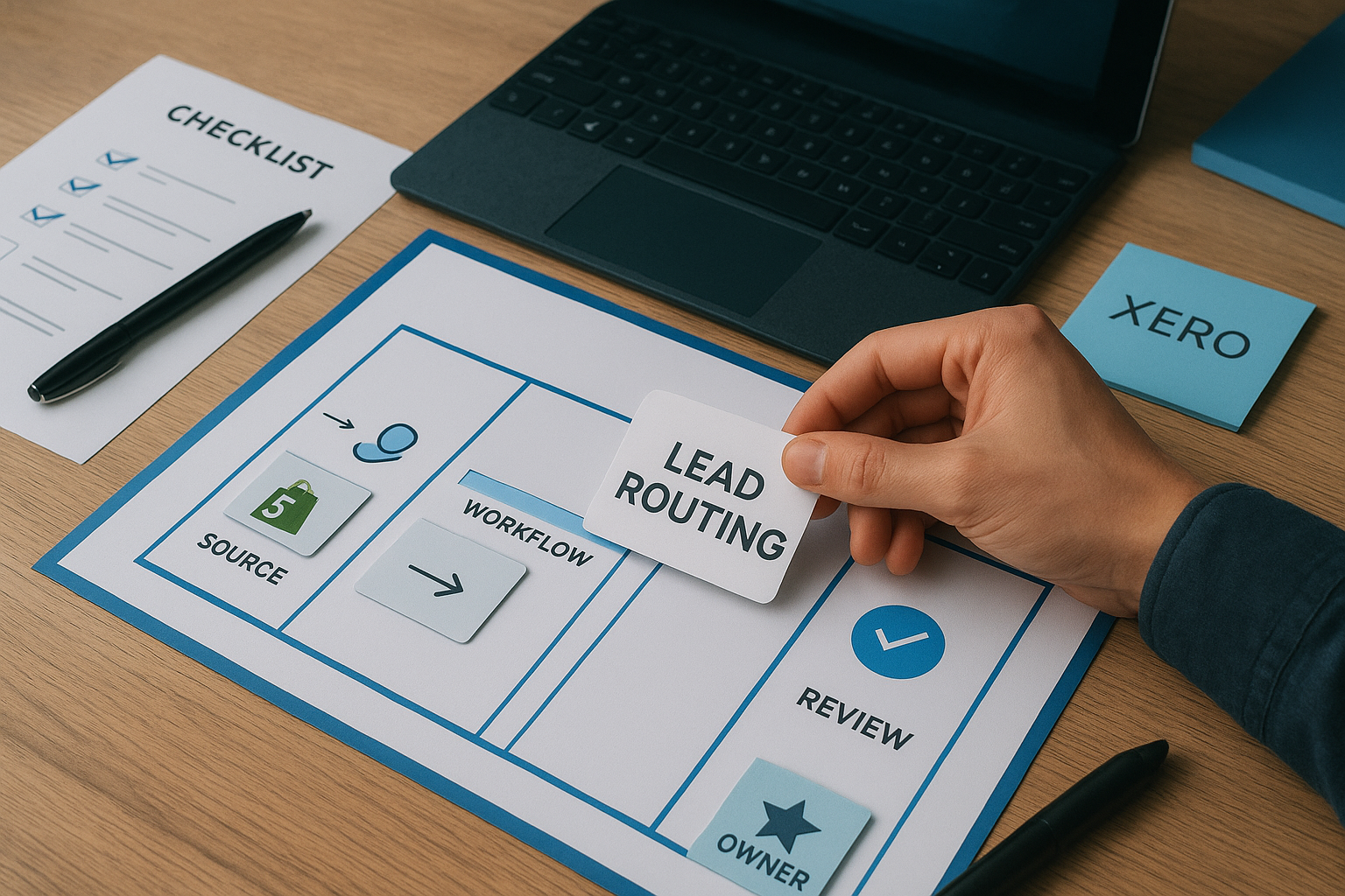 Diagrama de orquestación: Shopify (webhook) → Motor de enrutamiento (clasificación, reglas, reintentos) → destinos (CRM, Xero, Contasimple, Holded) con colas y DLQ