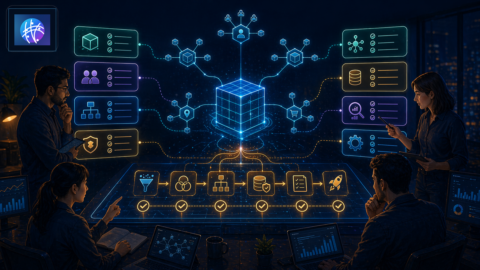 Snowflake Schema Checklist Before Building Your Reporting Model premium data warehouse schema hero image with Meshline logo