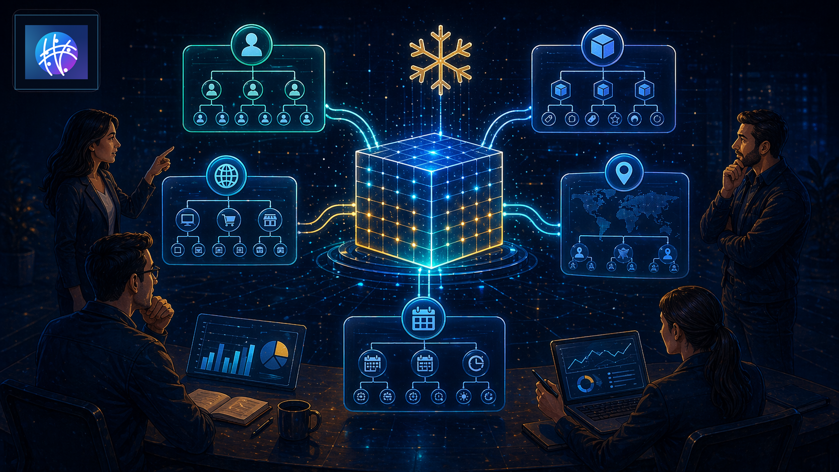 Snowflake Schema Dimensions and Fact Tables Explained for Business Teams premium data warehouse schema hero image with Meshline logo