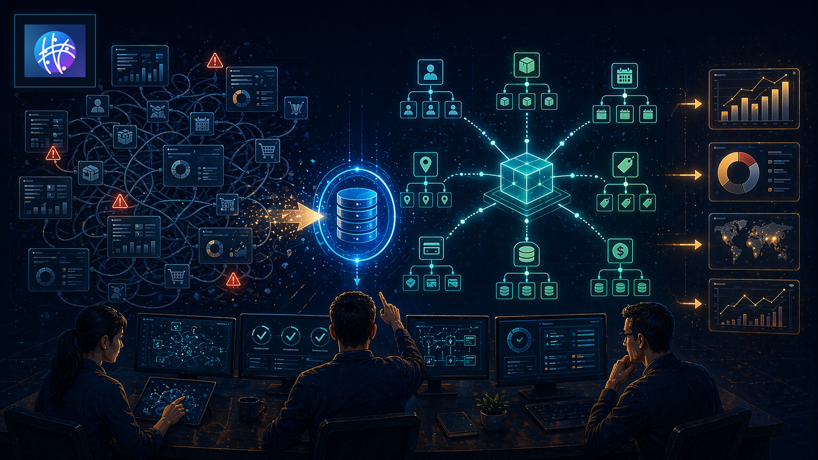 Snowflake Schema Normalization Without Reporting Friction premium data warehouse schema hero image with Meshline logo
