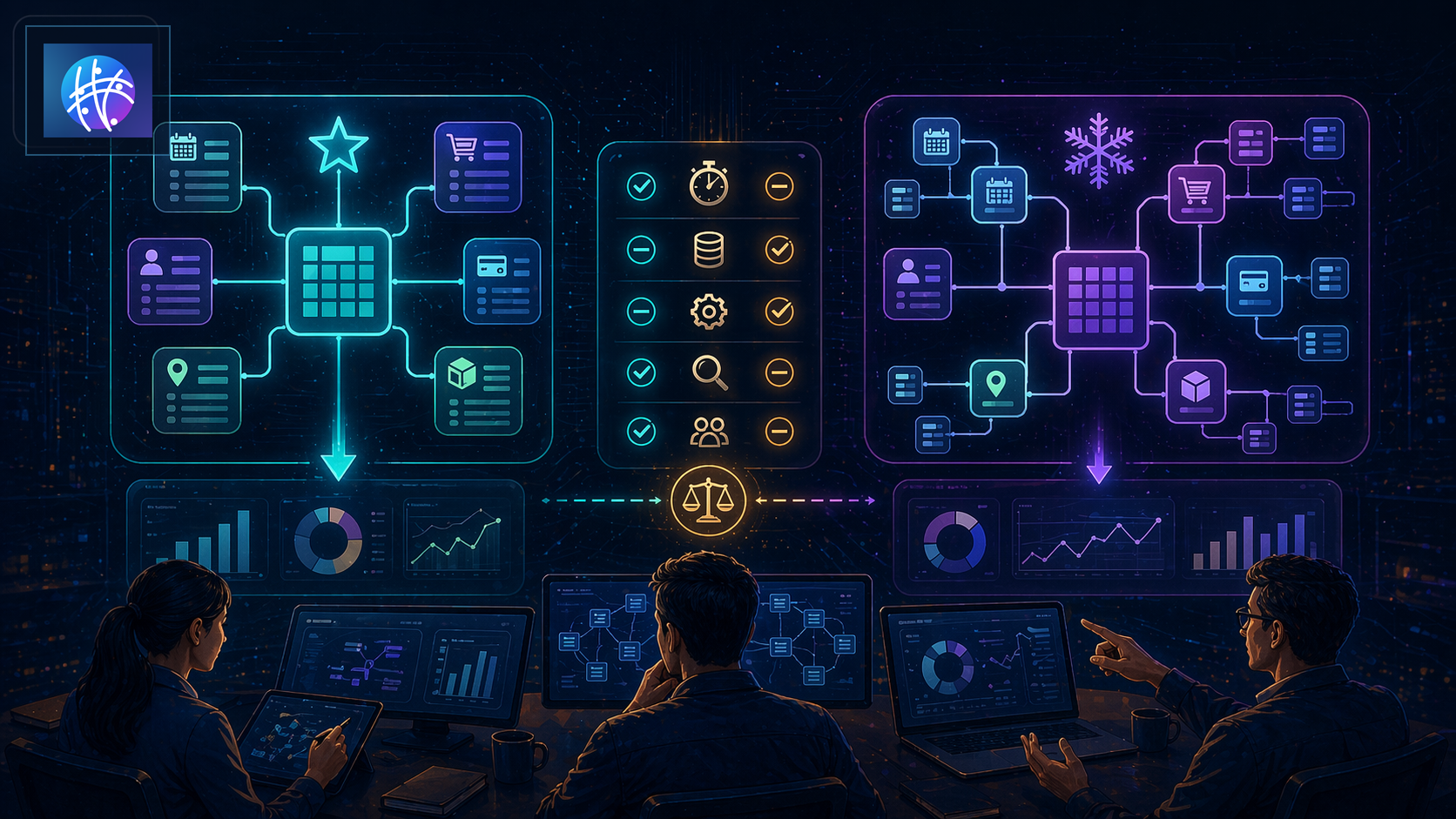 Snowflake Schema vs Star Schema: What Reporting Teams Should Know premium data warehouse schema hero image with Meshline logo
