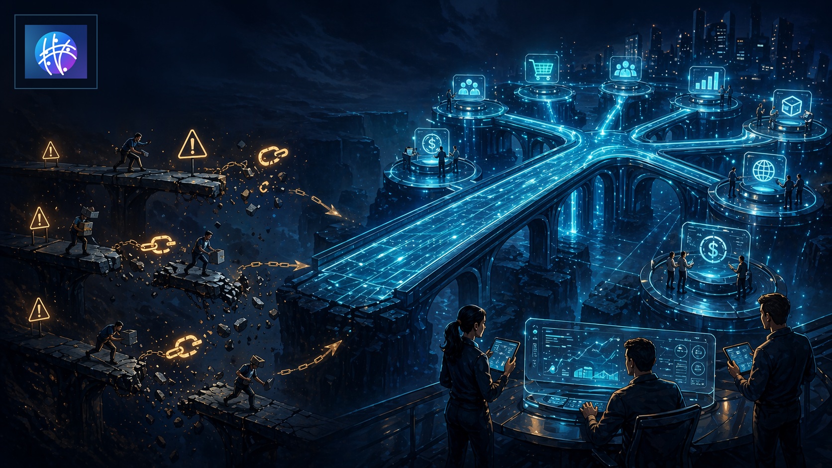 Why Automation Infrastructure Matters More Than One-Off Automations cartoon operations infrastructure hero image with Meshline logo